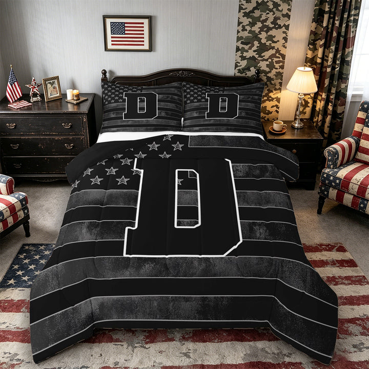 Meiyoeat Grunge US Flag Letter D King Size Comforter Sets 3-Piece for Men Juniors, Cool Graphic Bedding Comforter Set, Black Gray White,Black Reversible