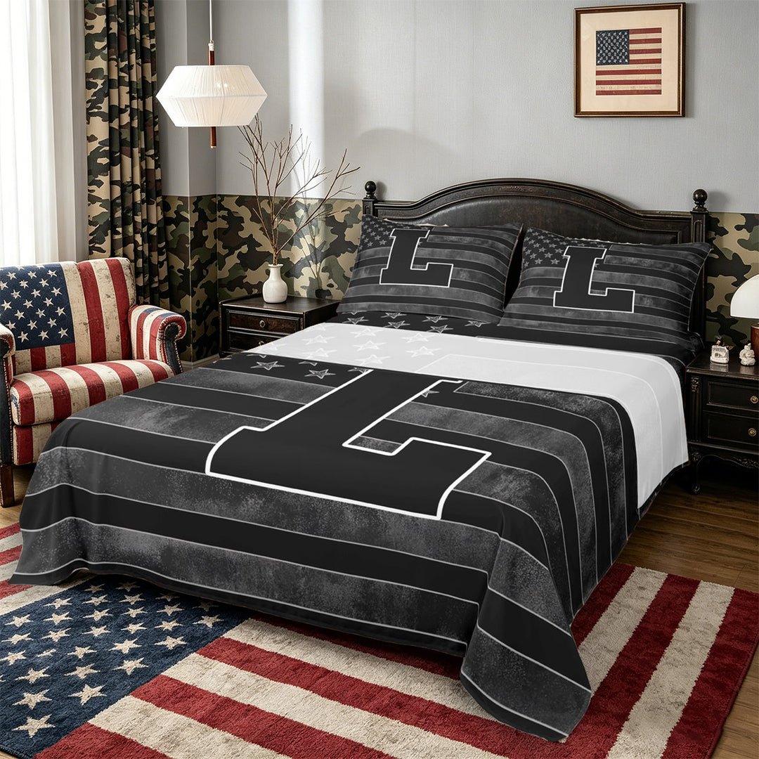 Meiyoeat Distressed US Flag Letter L Bed Sheets 4pcs for Men Boys, Patriotic Initial King Sheets, Black Gray White