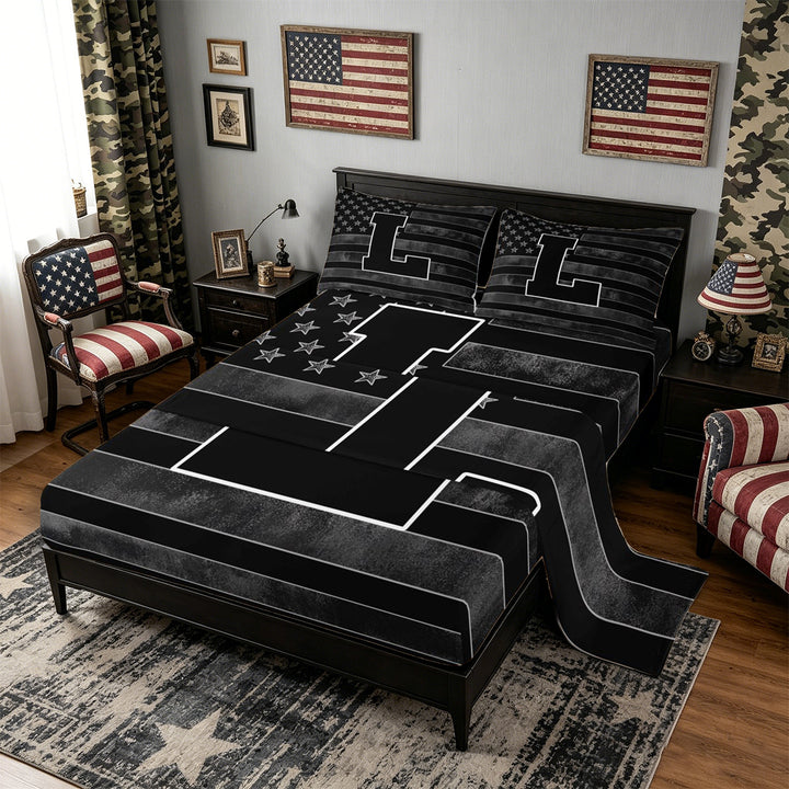 Meiyoeat Distressed US Flag Letter L Bed Sheets 4pcs for Men Boys, Patriotic Initial King Sheets, Black Gray White