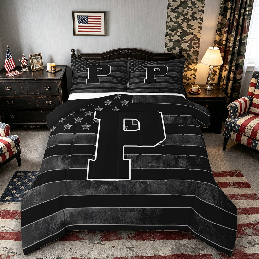 Meiyoeat Grunge US Flag Letter P King Size Comforter Sets 3-Piece for Men Adults, Classic Alphabet Bedding Comforter Set for Daily, Black Gray White,Black Reversible