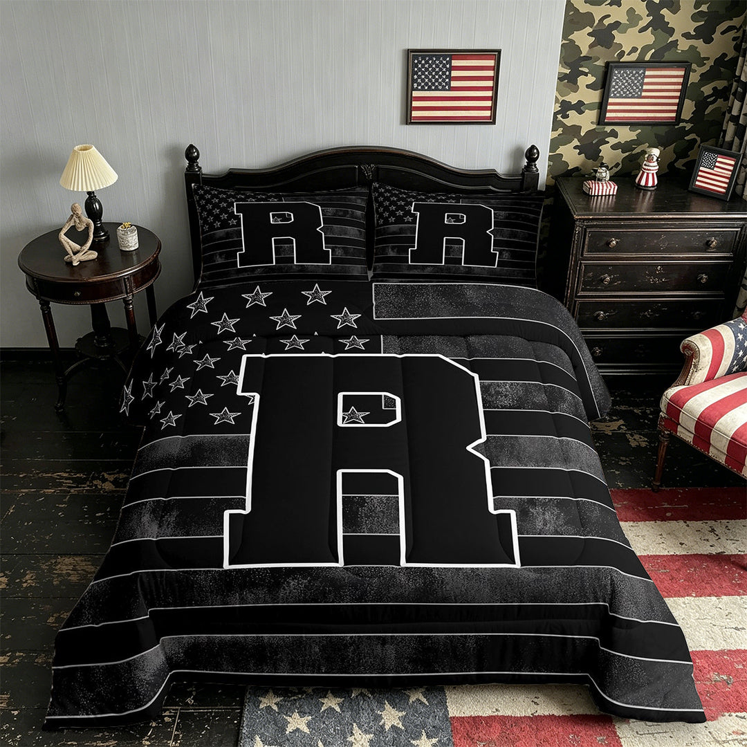 Meiyoeat Retro American Flag Letter R King Size Comforter Sets 3-Piece for Men Juniors, Cool Graphic Bedding Comforter Set, Black Gray White,Black Reversible