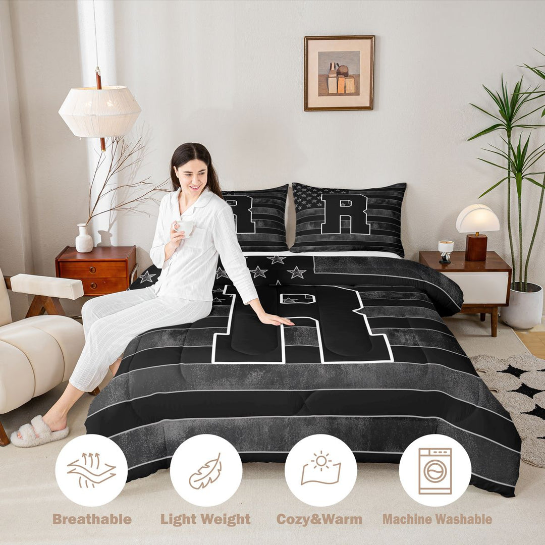 Meiyoeat Retro American Flag Letter R King Size Comforter Sets 3-Piece for Men Juniors, Cool Graphic Bedding Comforter Set, Black Gray White,Black Reversible