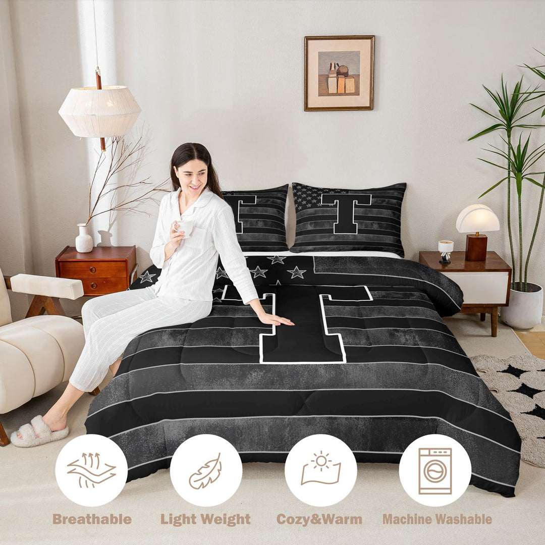 Meiyoeat Vintage American Flag Letter T King Size Comforter Sets 3-Piece for Men Kids, Bold Initial Bedding Comforter Set, Black Gray White,Black Reversible