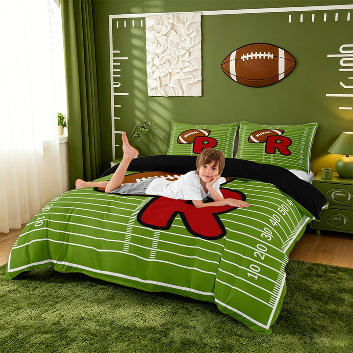 meiyoeat Football Ball Sports Duvet Cover Set For Boys,Fashion R Alphabet Print Bedding Full For Girls,black Reversible,3pcs(No Comforter)