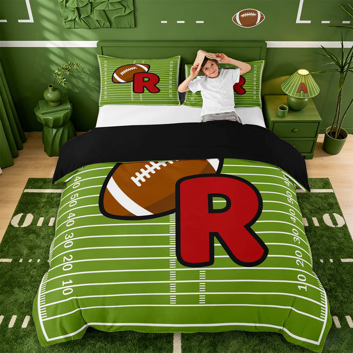 meiyoeat Football Ball Sports Duvet Cover Set For Boys,Fashion R Alphabet Print Bedding Full For Girls,black Reversible,3pcs(No Comforter)