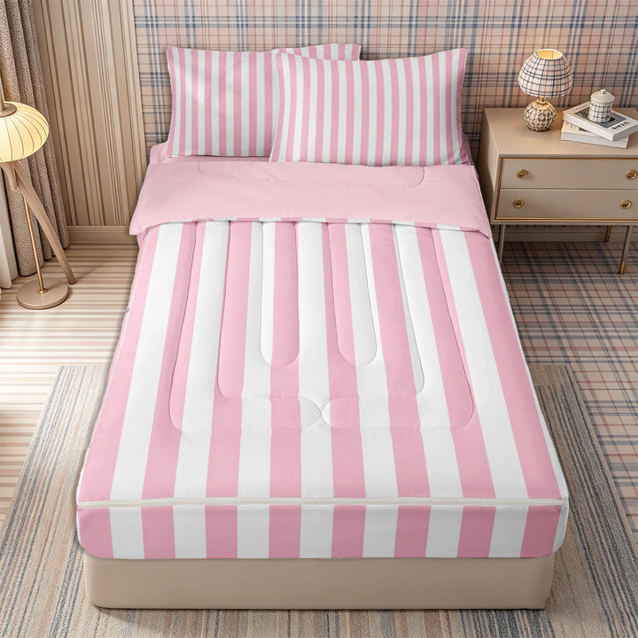 Meiyoeat Classic Vertical Stripe Zipper Full Size Comforter Sets with Fitted Sheet and 2 Pillowcases for Girls, Minimalist Linear Print Zipper Bedding Set, Pink White,Pink Reversible,4pcs