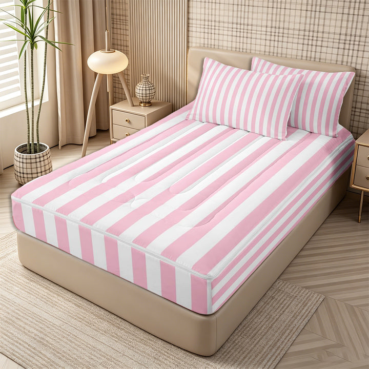 Meiyoeat Classic Vertical Stripe Zipper Full Size Comforter Sets with Fitted Sheet and 2 Pillowcases for Girls, Minimalist Linear Print Zipper Bedding Set, Pink White,Pink Reversible,4pcs