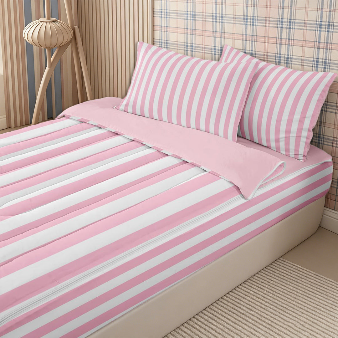 Meiyoeat Classic Vertical Stripe Zipper Full Size Comforter Sets with Fitted Sheet and 2 Pillowcases for Girls, Minimalist Linear Print Zipper Bedding Set, Pink White,Pink Reversible,4pcs