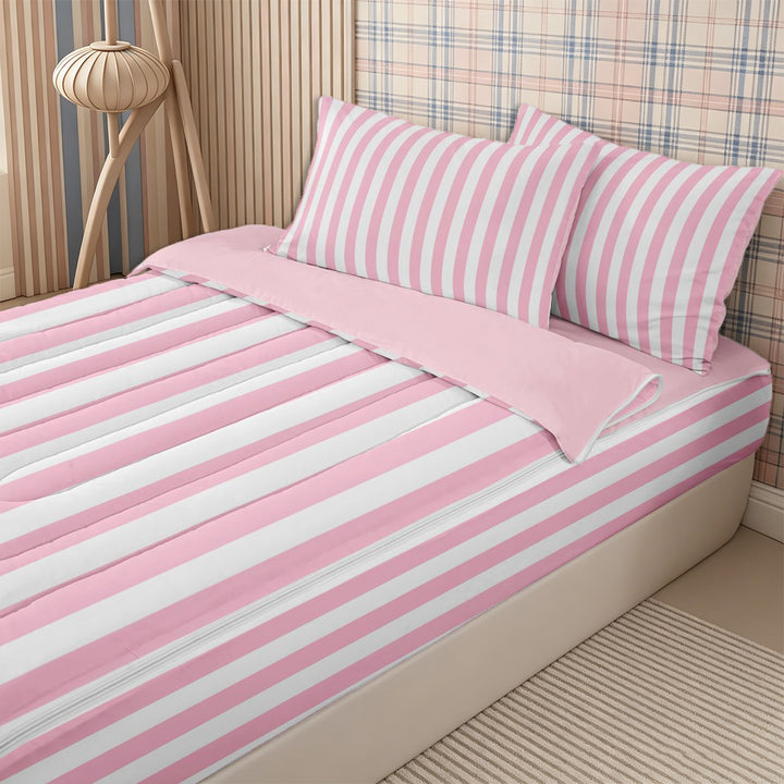 Meiyoeat Classic Vertical Stripe Zipper Full Size Comforter Sets with Fitted Sheet and 2 Pillowcases for Girls, Minimalist Linear Print Zipper Bedding Set, Pink White,Pink Reversible,4pcs