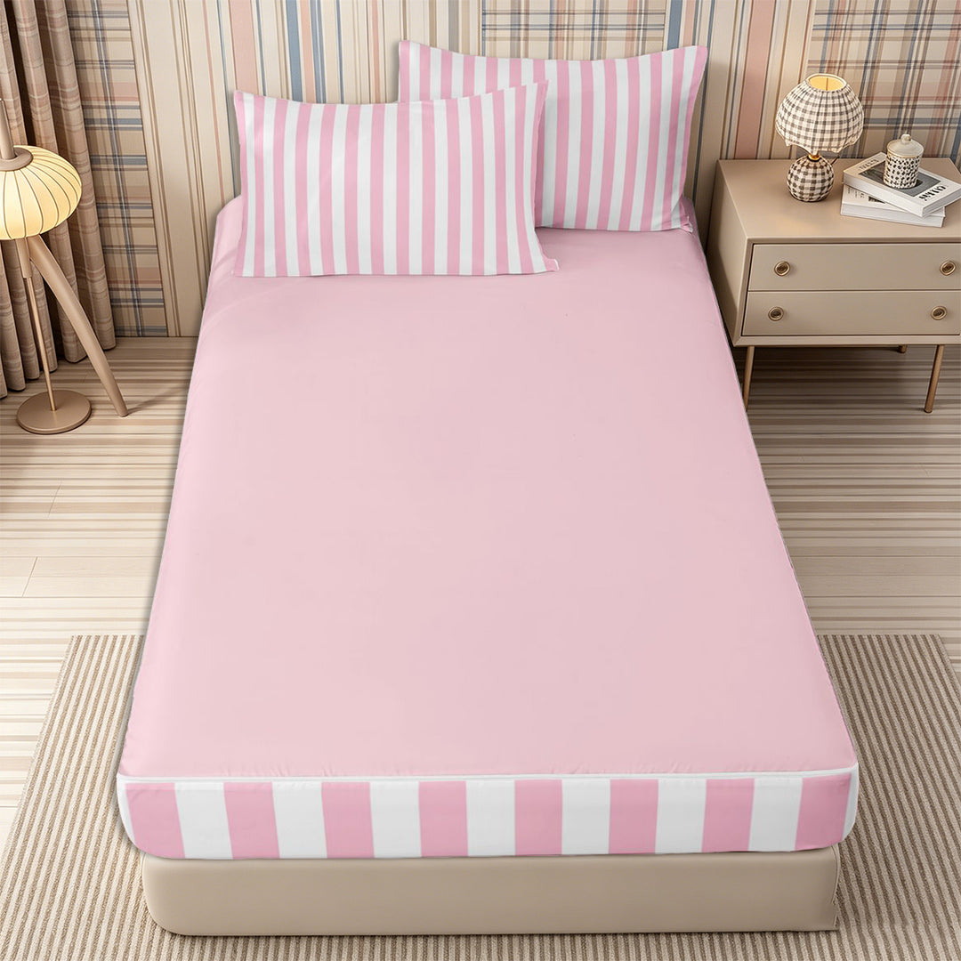 Meiyoeat Classic Vertical Stripe Zipper Full Size Comforter Sets with Fitted Sheet and 2 Pillowcases for Girls, Minimalist Linear Print Zipper Bedding Set, Pink White,Pink Reversible,4pcs