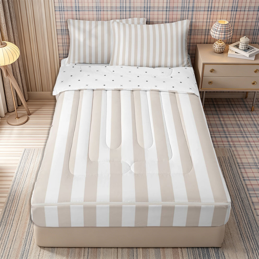Meiyoeat Modern Pinstripe Zipper Full Size Comforter Sets with Fitted Sheet and 2 Pillowcases, Simple Straight Line Zipper Bedding Set, Beige White,Reversible,4pcs