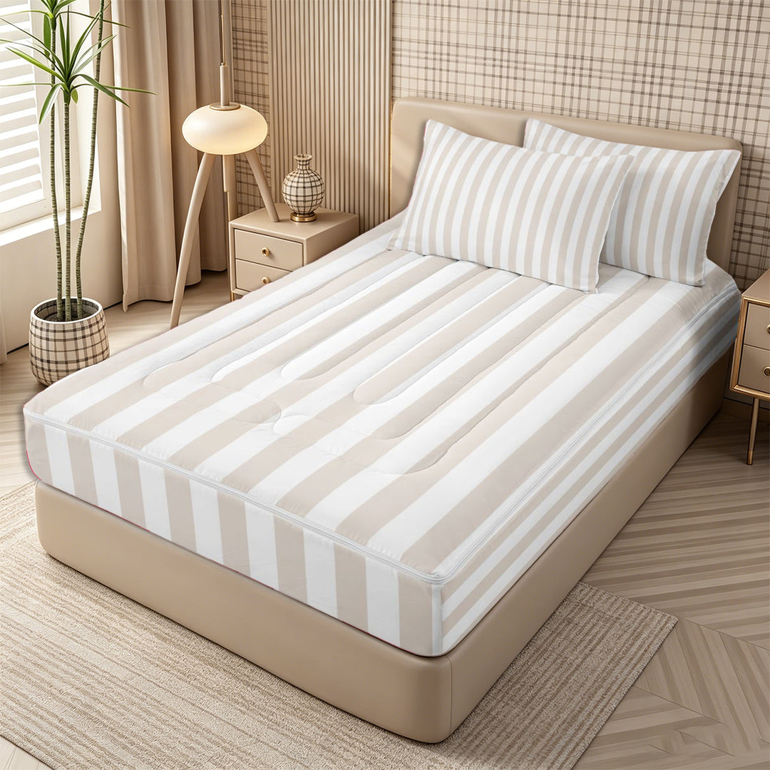Meiyoeat Modern Pinstripe Zipper Full Size Comforter Sets with Fitted Sheet and 2 Pillowcases, Simple Straight Line Zipper Bedding Set, Beige White,Reversible,4pcs