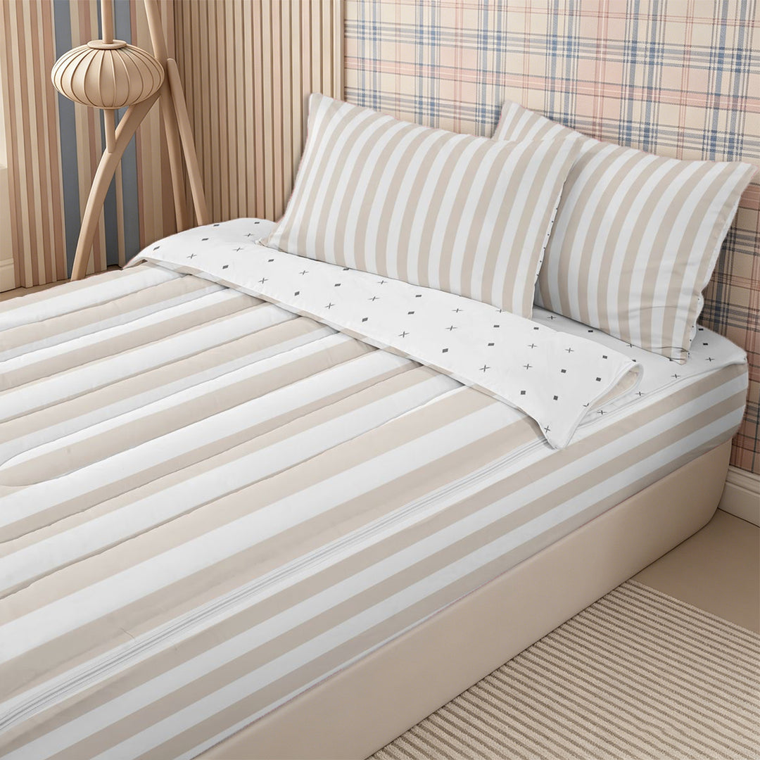 Meiyoeat Modern Pinstripe Zipper Full Size Comforter Sets with Fitted Sheet and 2 Pillowcases, Simple Straight Line Zipper Bedding Set, Beige White,Reversible,4pcs