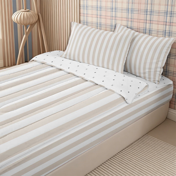 Meiyoeat Modern Pinstripe Zipper Full Size Comforter Sets with Fitted Sheet and 2 Pillowcases, Simple Straight Line Zipper Bedding Set, Beige White,Reversible,4pcs