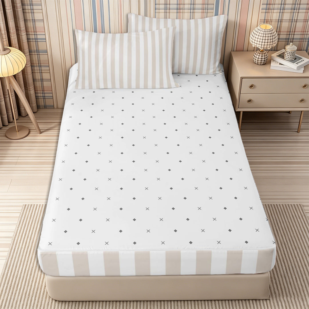 Meiyoeat Modern Pinstripe Zipper Full Size Comforter Sets with Fitted Sheet and 2 Pillowcases, Simple Straight Line Zipper Bedding Set, Beige White,Reversible,4pcs