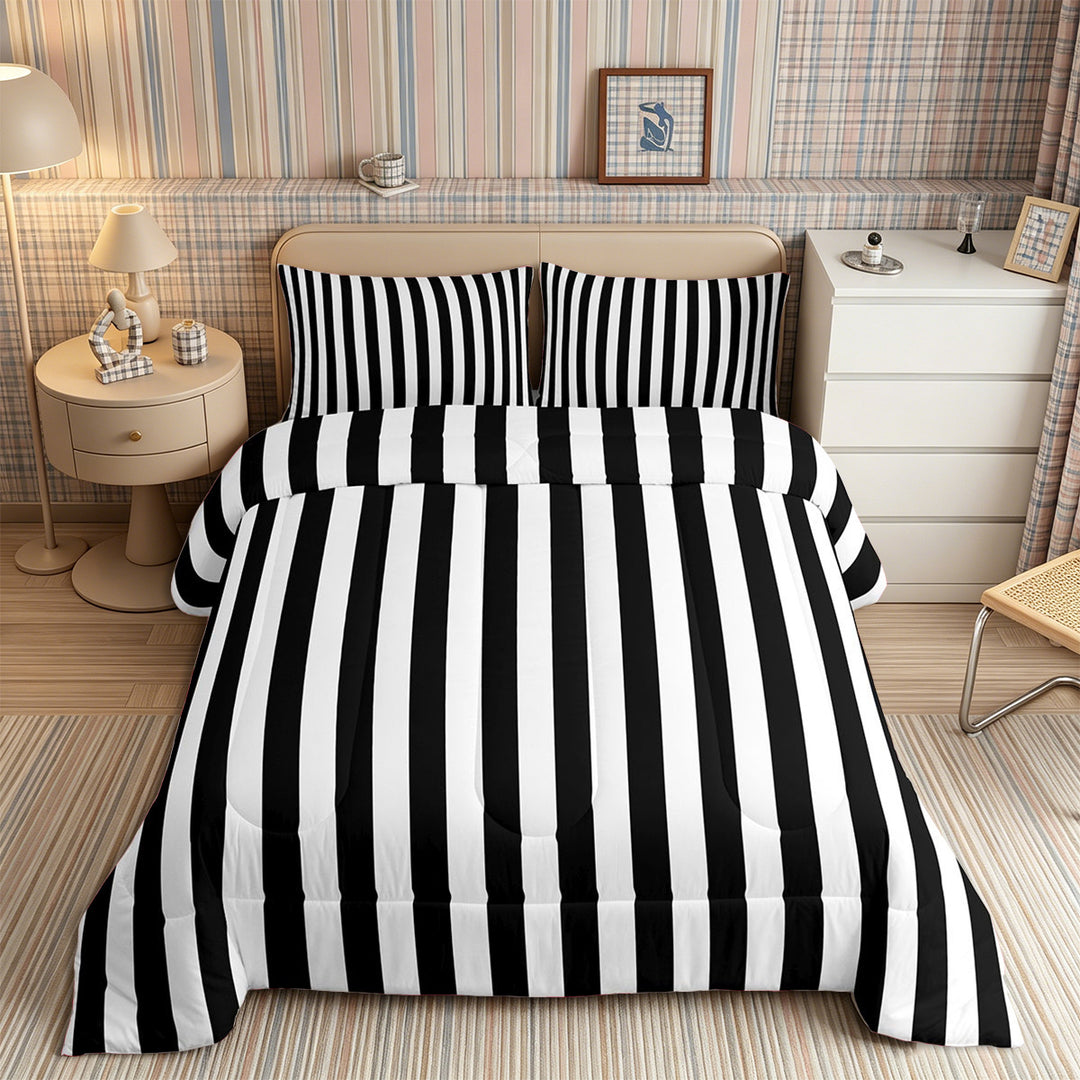 Meiyoeat Minimalist Vertical Stripe Full Size Comforter Sets 3-Piece, Retro Geometric Line Bedding Comforter Set, Black White,Reversible,1 Comforter and 2 Pillowcases