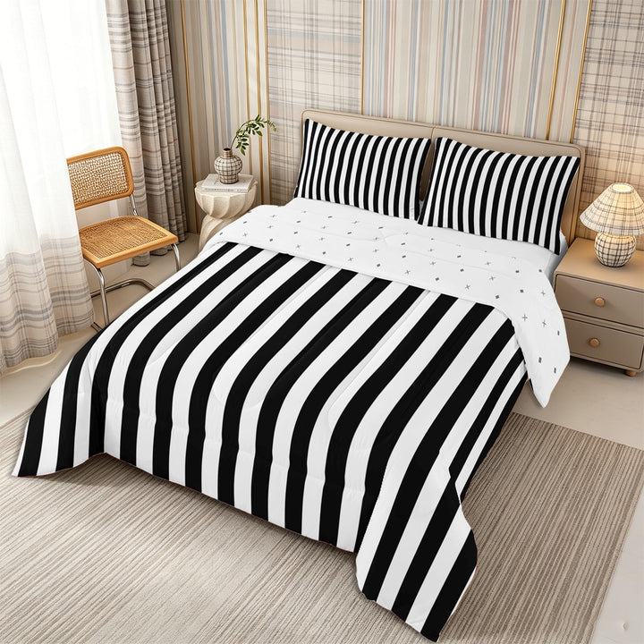 Meiyoeat Minimalist Vertical Stripe Full Size Comforter Sets 3-Piece, Retro Geometric Line Bedding Comforter Set, Black White,Reversible,1 Comforter and 2 Pillowcases