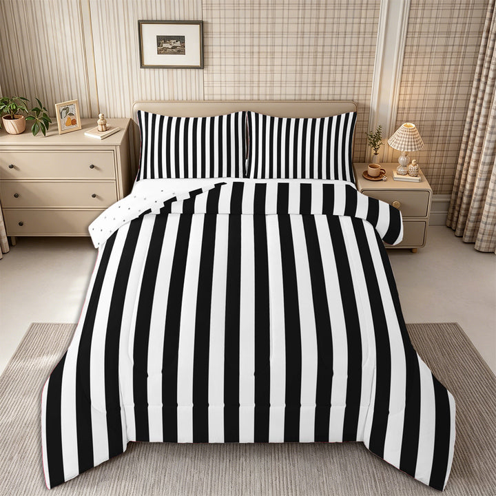 Meiyoeat Minimalist Vertical Stripe Full Size Comforter Sets 3-Piece, Retro Geometric Line Bedding Comforter Set, Black White,Reversible,1 Comforter and 2 Pillowcases