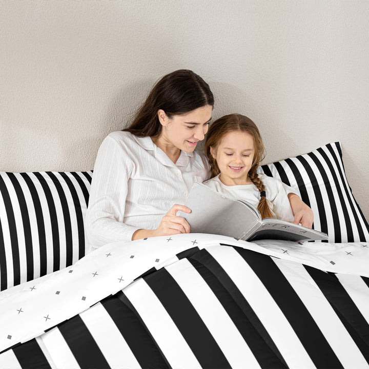 Meiyoeat Minimalist Vertical Stripe Full Size Comforter Sets 3-Piece, Retro Geometric Line Bedding Comforter Set, Black White,Reversible,1 Comforter and 2 Pillowcases