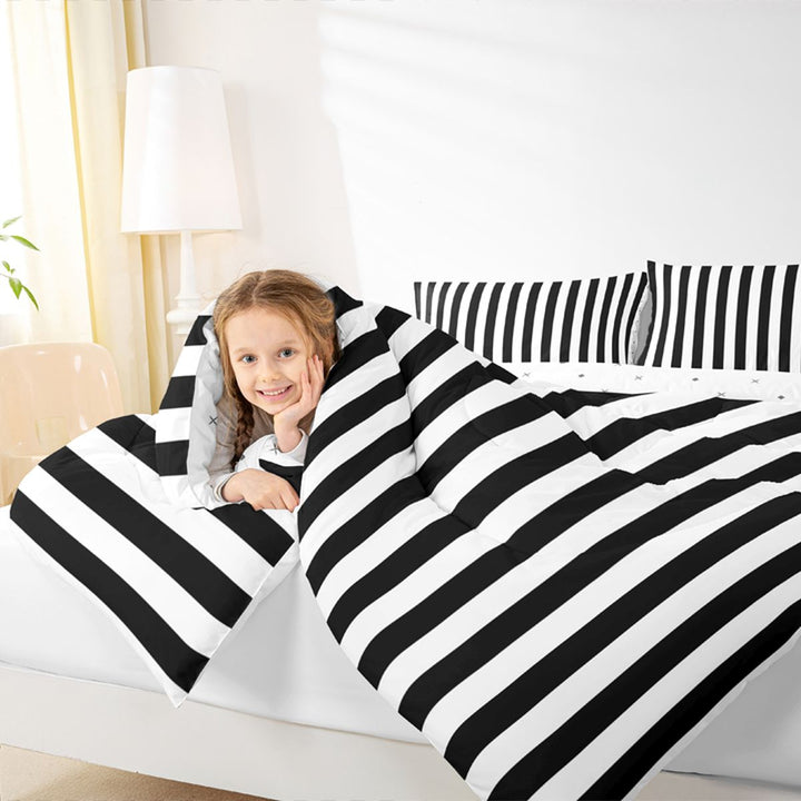 Meiyoeat Minimalist Vertical Stripe Full Size Comforter Sets 3-Piece, Retro Geometric Line Bedding Comforter Set, Black White,Reversible,1 Comforter and 2 Pillowcases