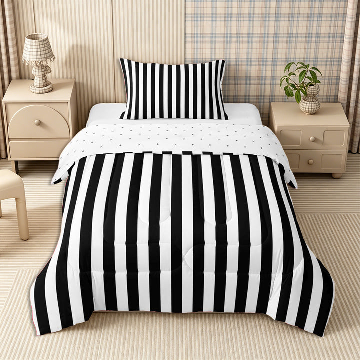 Meiyoeat Minimalist Vertical Stripe Full Size Comforter Sets 3-Piece, Retro Geometric Line Bedding Comforter Set, Black White,Reversible,1 Comforter and 2 Pillowcases