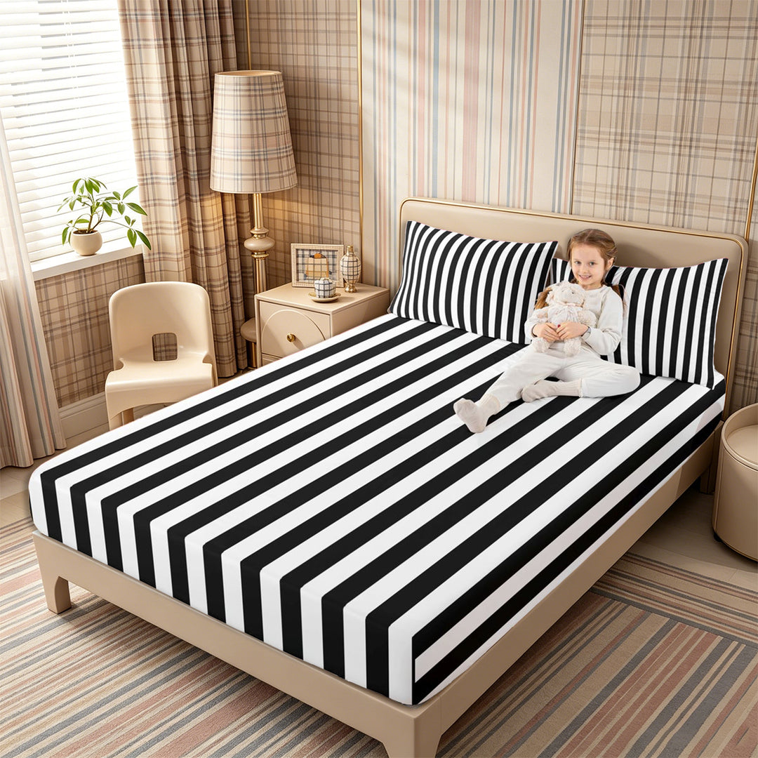Meiyoeat Minimalist Vertical Stripe Bed Sheets 4-Piece, Retro Geometric Line Full Size Sheets, Black White,1 Fitted Sheet, 1 Flat Sheet and 2 Pillowcases