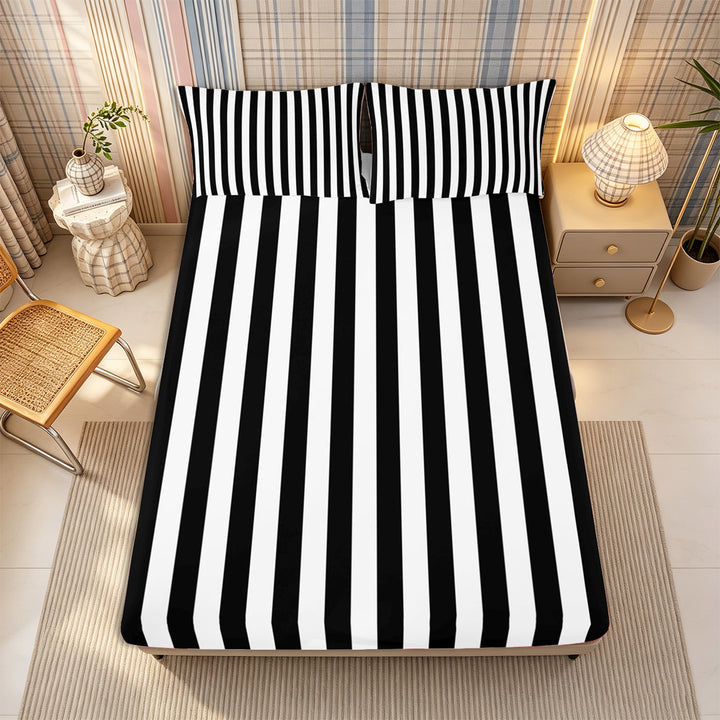 Meiyoeat Minimalist Vertical Stripe Bed Sheets 4-Piece, Retro Geometric Line Full Size Sheets, Black White,1 Fitted Sheet, 1 Flat Sheet and 2 Pillowcases