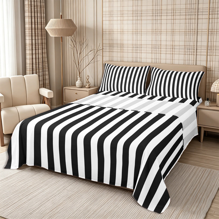 Meiyoeat Minimalist Vertical Stripe Bed Sheets 4-Piece, Retro Geometric Line Full Size Sheets, Black White,1 Fitted Sheet, 1 Flat Sheet and 2 Pillowcases