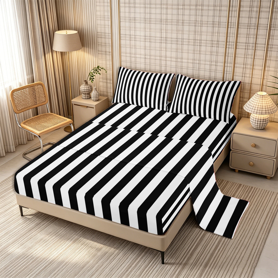 Meiyoeat Minimalist Vertical Stripe Bed Sheets 4-Piece, Retro Geometric Line Full Size Sheets, Black White,1 Fitted Sheet, 1 Flat Sheet and 2 Pillowcases