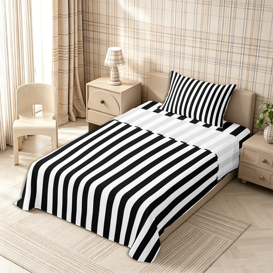 Meiyoeat Minimalist Vertical Stripe Bed Sheets 4-Piece, Retro Geometric Line Full Size Sheets, Black White,1 Fitted Sheet, 1 Flat Sheet and 2 Pillowcases