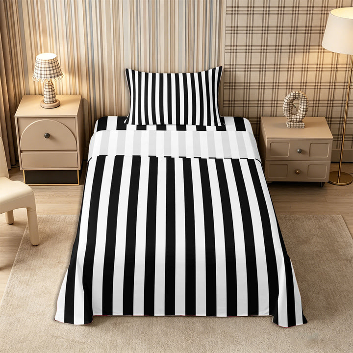 Meiyoeat Minimalist Vertical Stripe Bed Sheets 4-Piece, Retro Geometric Line Full Size Sheets, Black White,1 Fitted Sheet, 1 Flat Sheet and 2 Pillowcases