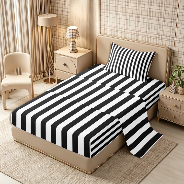 Meiyoeat Minimalist Vertical Stripe Bed Sheets 4-Piece, Retro Geometric Line Full Size Sheets, Black White,1 Fitted Sheet, 1 Flat Sheet and 2 Pillowcases