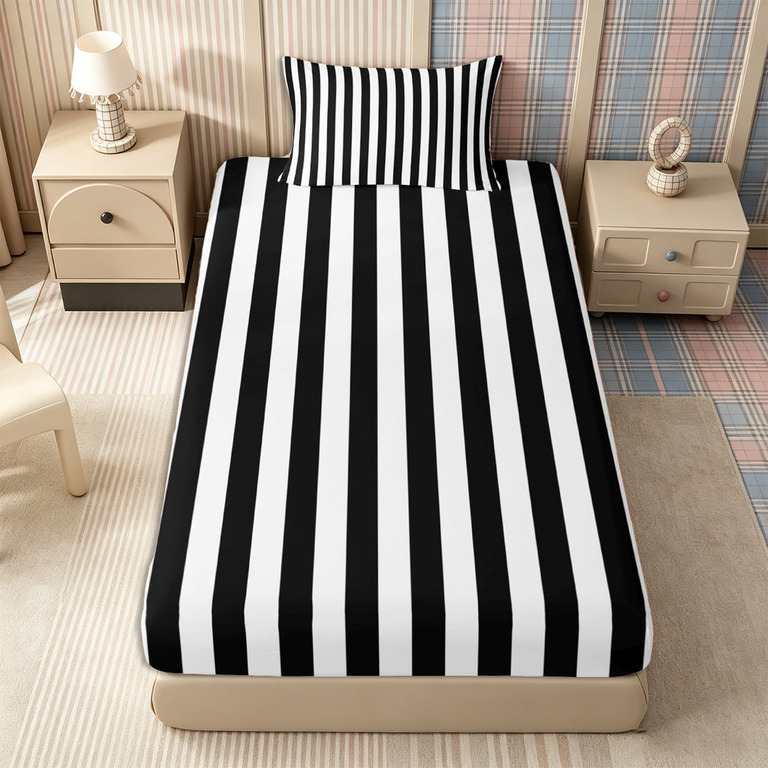 Meiyoeat Minimalist Vertical Stripe Bed Sheets 4-Piece, Retro Geometric Line Full Size Sheets, Black White,1 Fitted Sheet, 1 Flat Sheet and 2 Pillowcases