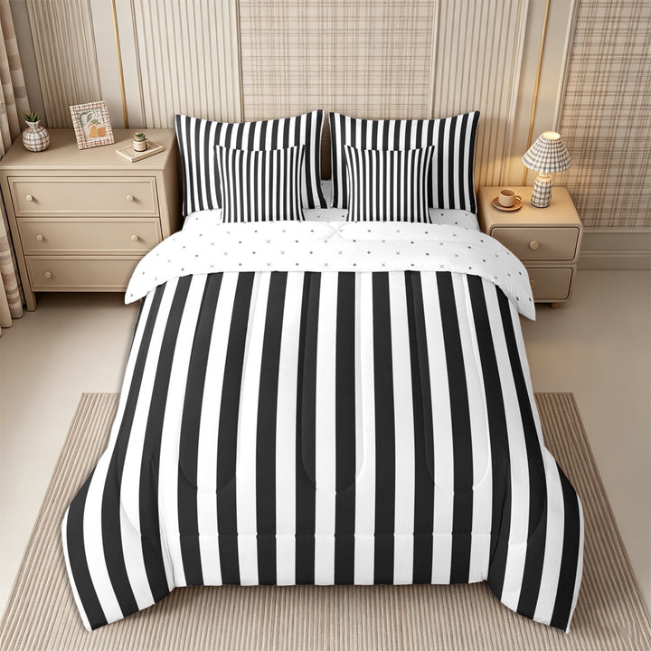 Meiyoeat Minimalist Vertical Stripe Full Size Bedding Sets 7 Pieces, Retro Geometric Line Full Size Bed in a Bag, Black White,Reversible