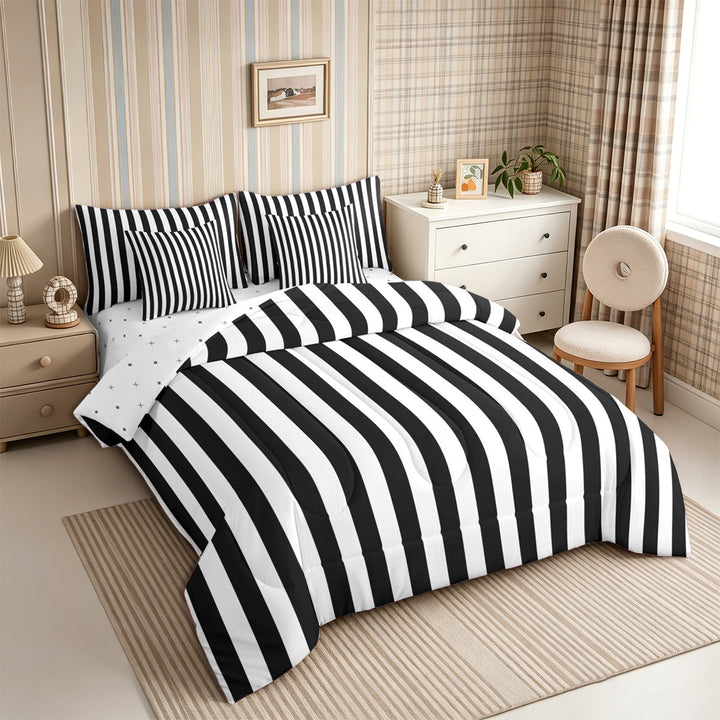Meiyoeat Minimalist Vertical Stripe Full Size Bedding Sets 7 Pieces, Retro Geometric Line Full Size Bed in a Bag, Black White,Reversible