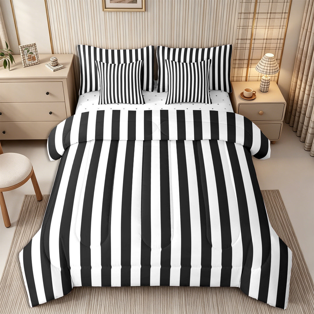 Meiyoeat Minimalist Vertical Stripe Full Size Bedding Sets 7 Pieces, Retro Geometric Line Full Size Bed in a Bag, Black White,Reversible