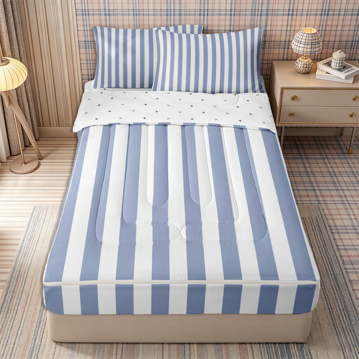 Meiyoeat Vintage Wide Stripe Zipper Full Size Comforter Sets with Fitted Sheet and 2 Pillowcases, Casual Thin Line Zipper Bedding Set, Blue White,Reversible,4pcs