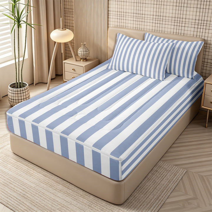 Meiyoeat Vintage Wide Stripe Zipper Full Size Comforter Sets with Fitted Sheet and 2 Pillowcases, Casual Thin Line Zipper Bedding Set, Blue White,Reversible,4pcs