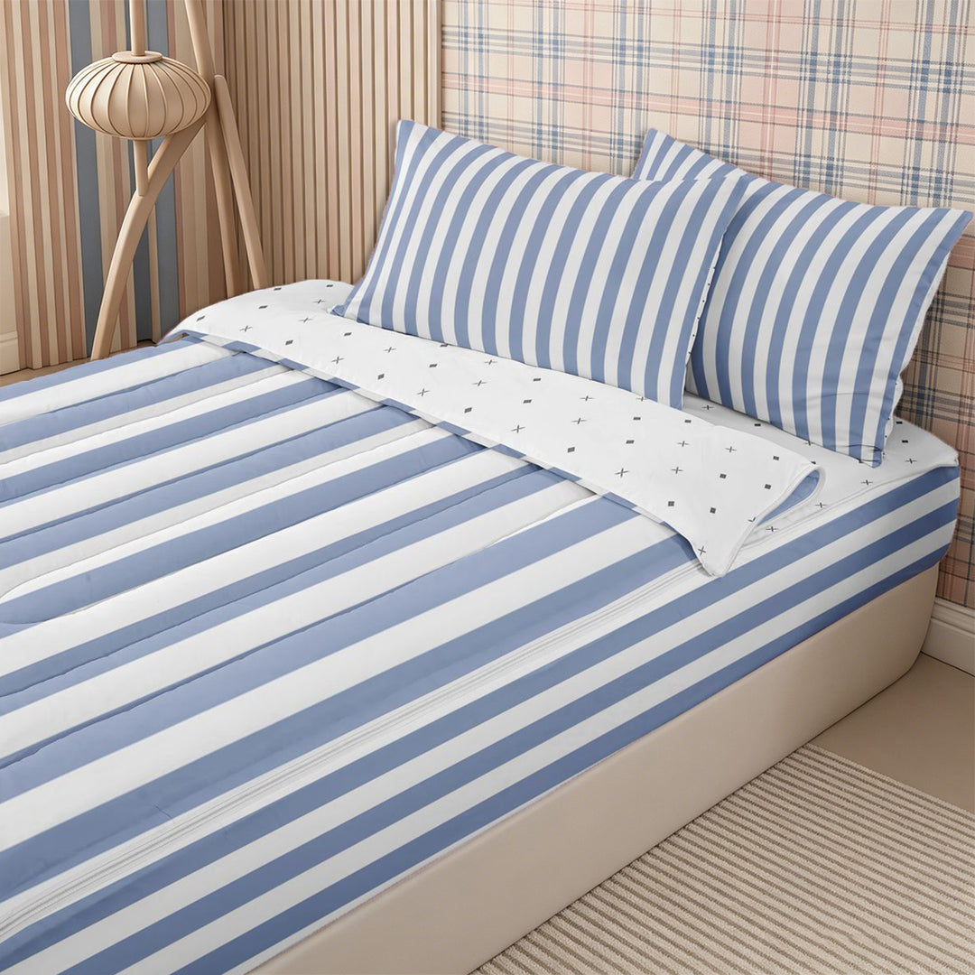 Meiyoeat Vintage Wide Stripe Zipper Full Size Comforter Sets with Fitted Sheet and 2 Pillowcases, Casual Thin Line Zipper Bedding Set, Blue White,Reversible,4pcs