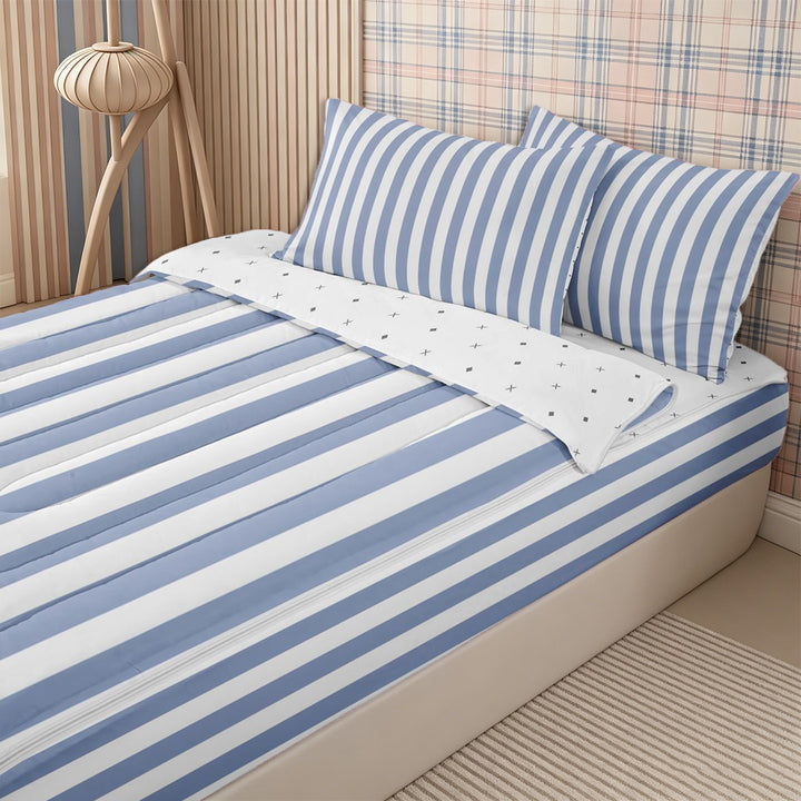 Meiyoeat Vintage Wide Stripe Zipper Full Size Comforter Sets with Fitted Sheet and 2 Pillowcases, Casual Thin Line Zipper Bedding Set, Blue White,Reversible,4pcs
