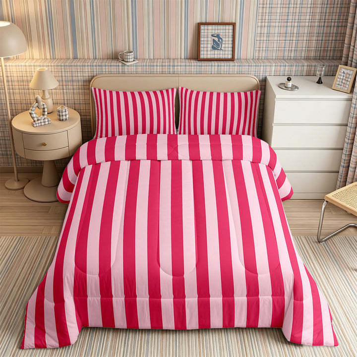 Meiyoeat Bold Vertical Stripe Full Size Comforter Sets 3-Piece for Girls, Contemporary Pinstripe Bedding Comforter Set,Pink Reversible,1 Comforter and 2 Pillowcases
