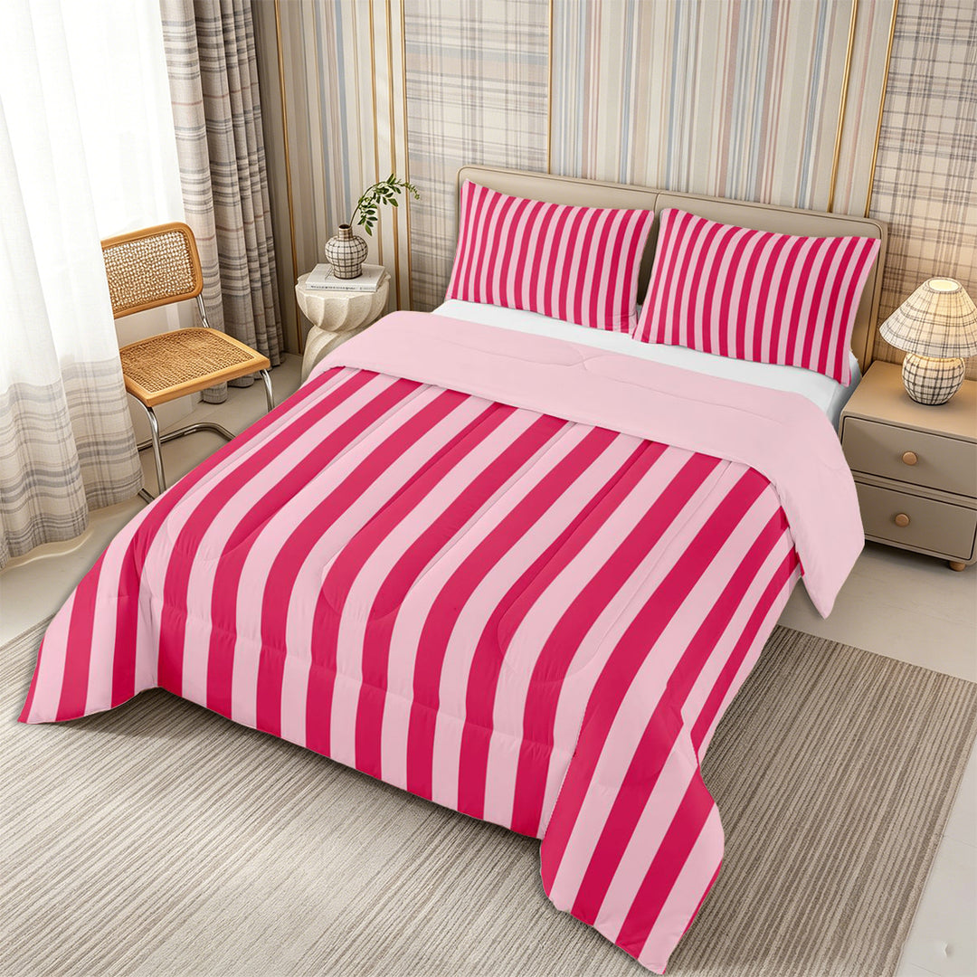 Meiyoeat Bold Vertical Stripe Full Size Comforter Sets 3-Piece for Girls, Contemporary Pinstripe Bedding Comforter Set,Pink Reversible,1 Comforter and 2 Pillowcases