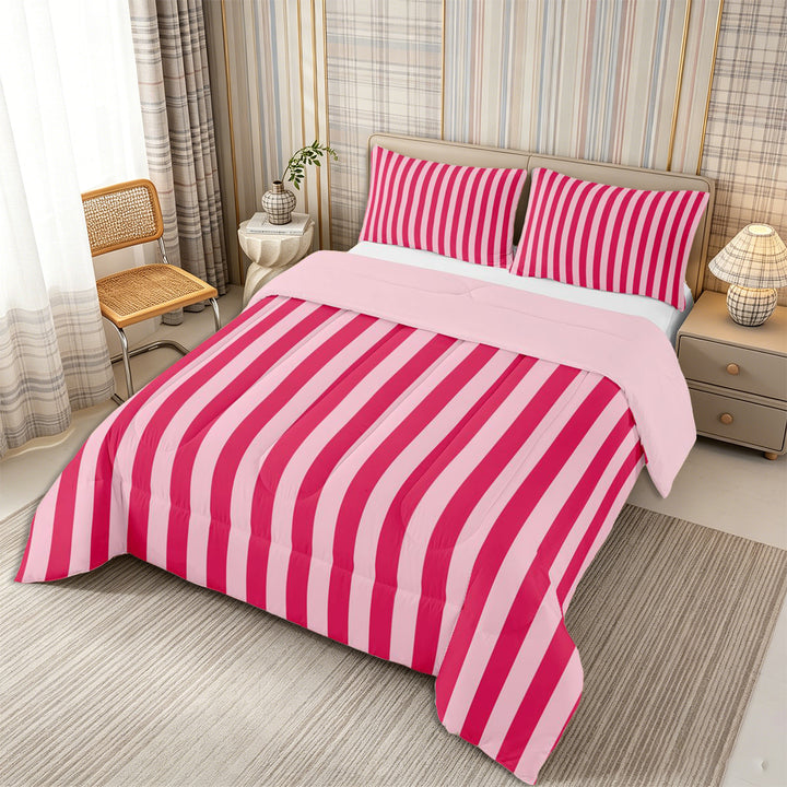 Meiyoeat Bold Vertical Stripe Full Size Comforter Sets 3-Piece for Girls, Contemporary Pinstripe Bedding Comforter Set,Pink Reversible,1 Comforter and 2 Pillowcases