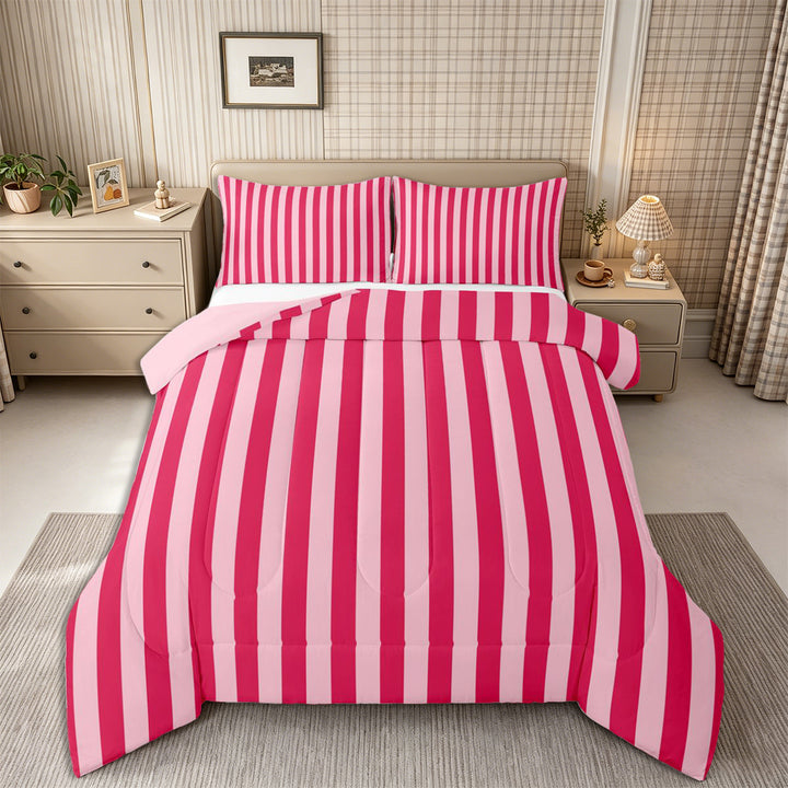 Meiyoeat Bold Vertical Stripe Full Size Comforter Sets 3-Piece for Girls, Contemporary Pinstripe Bedding Comforter Set,Pink Reversible,1 Comforter and 2 Pillowcases