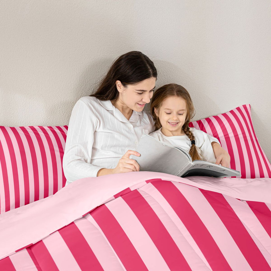 Meiyoeat Bold Vertical Stripe Full Size Comforter Sets 3-Piece for Girls, Contemporary Pinstripe Bedding Comforter Set,Pink Reversible,1 Comforter and 2 Pillowcases