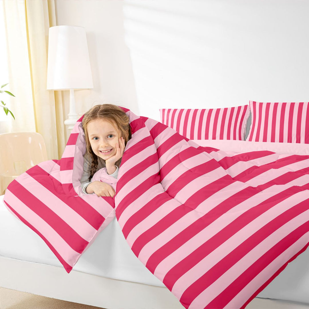Meiyoeat Bold Vertical Stripe Full Size Comforter Sets 3-Piece for Girls, Contemporary Pinstripe Bedding Comforter Set,Pink Reversible,1 Comforter and 2 Pillowcases