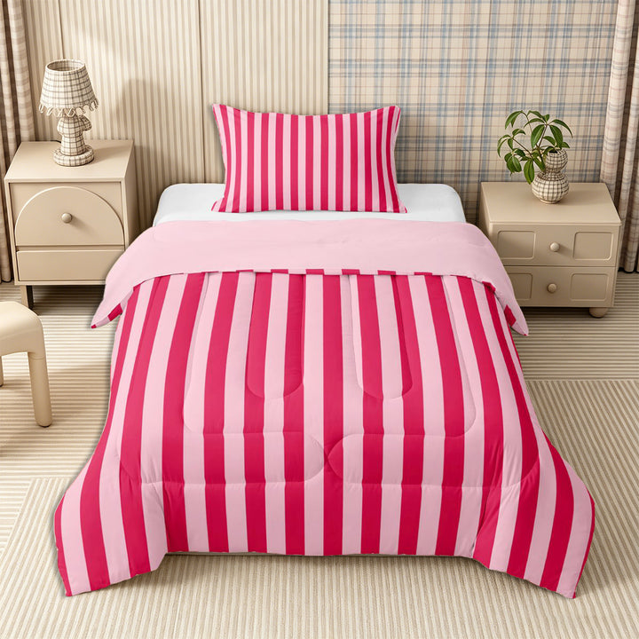 Meiyoeat Bold Vertical Stripe Full Size Comforter Sets 3-Piece for Girls, Contemporary Pinstripe Bedding Comforter Set,Pink Reversible,1 Comforter and 2 Pillowcases