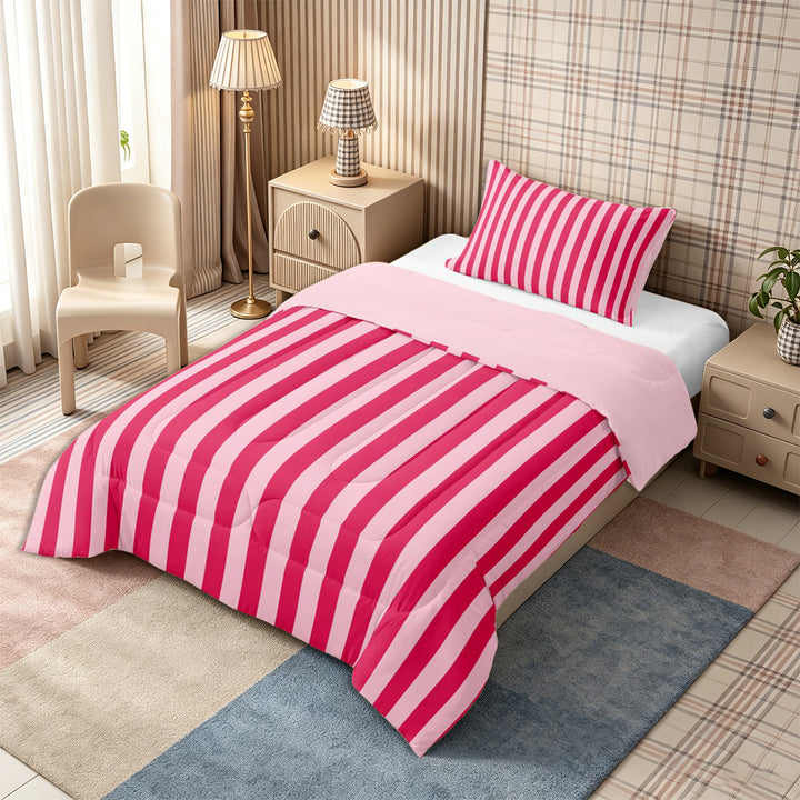 Meiyoeat Bold Vertical Stripe Full Size Comforter Sets 3-Piece for Girls, Contemporary Pinstripe Bedding Comforter Set,Pink Reversible,1 Comforter and 2 Pillowcases