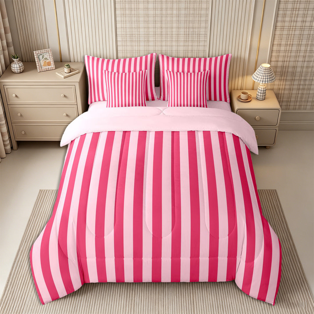 Meiyoeat Bold Vertical Stripe Full Size Bedding Sets 7 Pieces for Girls, Contemporary Pinstripe Full Size Bed in a Bag, Hot Pink,Pink Reversible