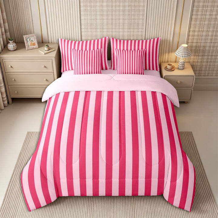 Meiyoeat Bold Vertical Stripe Full Size Bedding Sets 7 Pieces for Girls, Contemporary Pinstripe Full Size Bed in a Bag, Hot Pink,Pink Reversible